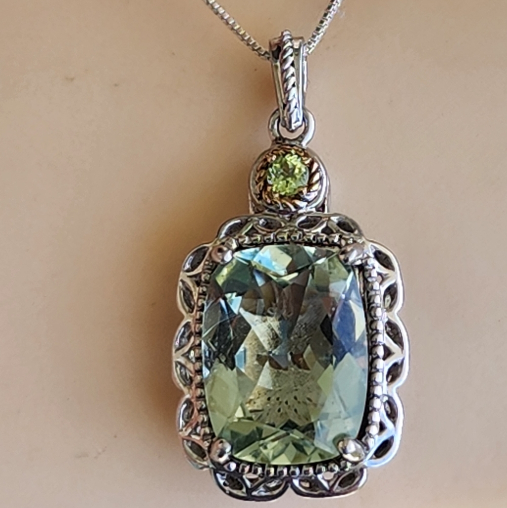 Intricate Sterling Silver 14k Gold Green Quartz Gemstone Necklace Chain Jeweley